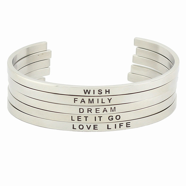 Hot Sale Stainless Steel Bar Engraved Positive Inspirational Quote Cuff Mantra Bracelet Bangle For Women Best Gifts