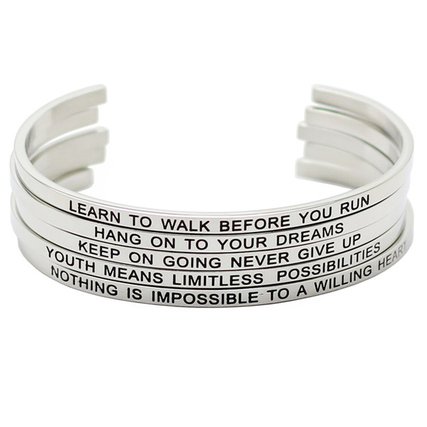 New Trendy Silver Color 316L Stainless Steel Engraved Positive Inspirational Quote Cuff Mantra Bracelet Bangle Jewelry