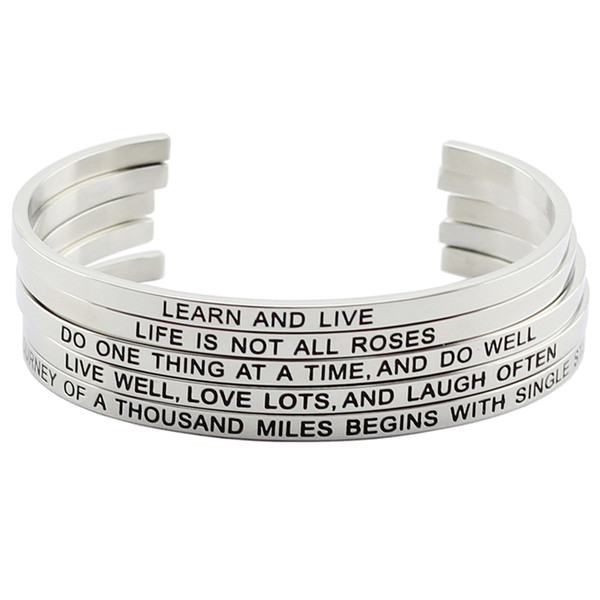 Hot Sale Silver Color 316L Stainless Steel Engraved Positive Inspirational Quote Cuff Mantra Bracelet Bangle Jewelry for Women