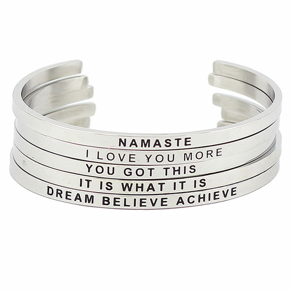 Fashion Silver Stainless Steel Engraved Positive Inspirational Quote Hand Stamped Cuff Bracelets Mantra Bangles For women Gift