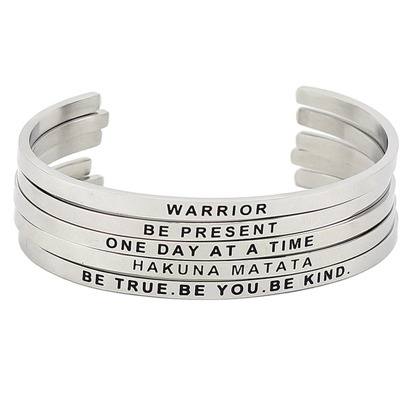 New Arrival Silver 316L Stainless Steel Metal Engraved Inspirational Mantra Bracelets Bangle for Women Best Gifts