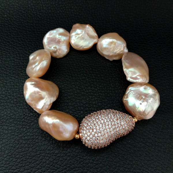 B012933 18x23MM 8'' Pink Keshi Pearl Stretch Bracelet CZ Connector