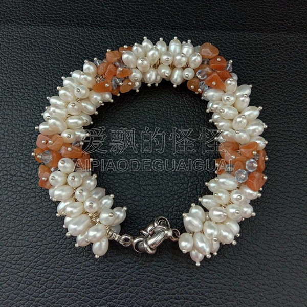 B082913 8'' White Rice Pearl Crystal Bracelet