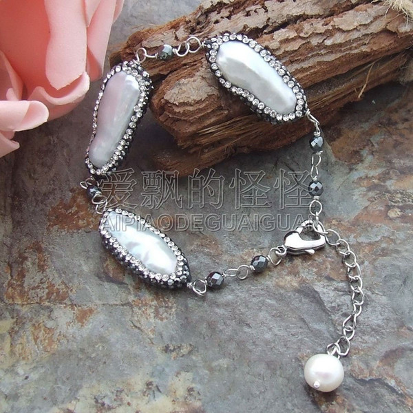 B071710 8'' White Biwa Pearl Hematite Bracelet