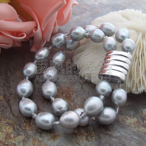 B033113 2Strands 12mm Grey Pearl Crystal Bracelet