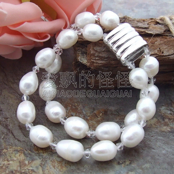 B033114 2Strands 12mm White Pearl Crystal Bracelet