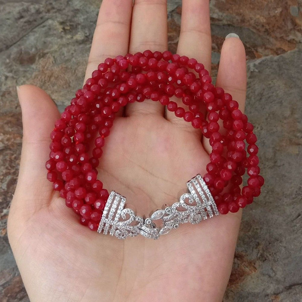 B012924 8'' 7 Rows Red Jade Bracelet Cz Clasp