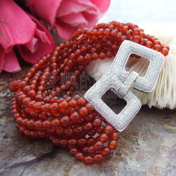 B102910 8'' 12 Strands Round Carnelian Bracelet CZ Clasp