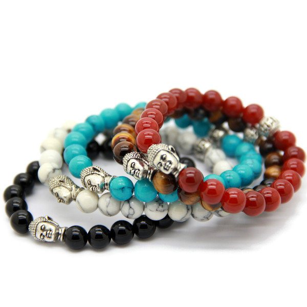 Hot Sale 10pcs/lot Exquisite Buddha Bracelets With Natural Red/black Agate, Yellow Tiger Eye, White and Turqoise Stone