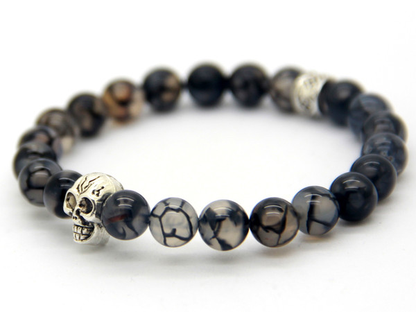 New Beaded Bracelets Wholesale High Quality Natural Grey Dragon Veins Agate Beads With Silver Skull Bracelet For Men's Gift