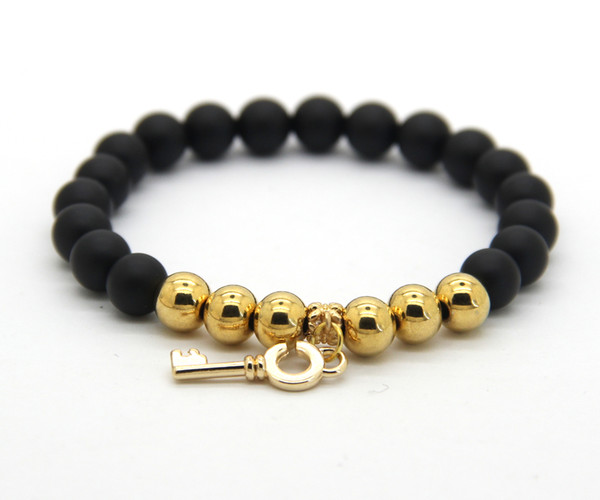 8mm Real Matte Onyx Beads with Real Gold Plated Beonze Beads and Key pendant Bracelet, Women Stone Jewelry