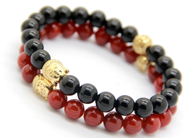 New Men's Christmas Gift Fine Jewlery Wholesale 10pcs/lot Exquisite Natural Red and Black Agate Beads Gold Buddha Bracelet