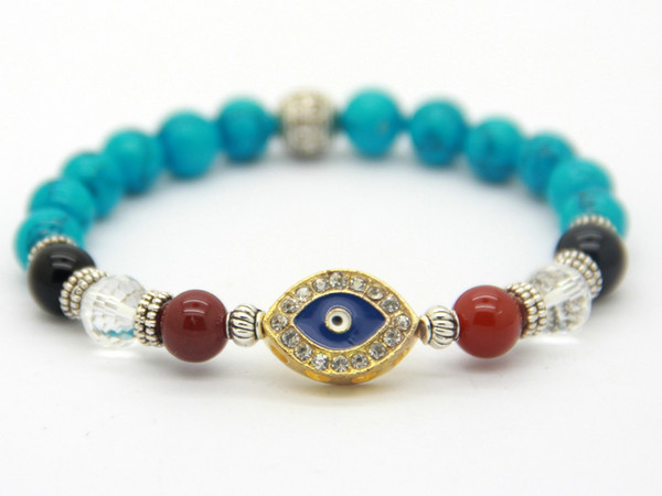 New Design Wholesale High Quality Turquoise Stone Beaded Crystal Evil Turkish Eye Lucky Bracelet Jewelry, Men's Gift