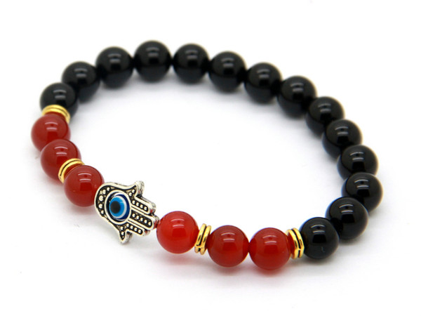 New Design 8mm Beaded Fatima Hamsa Bracelet, Natural Black And Red Agate Beads Jewelry Party Gift