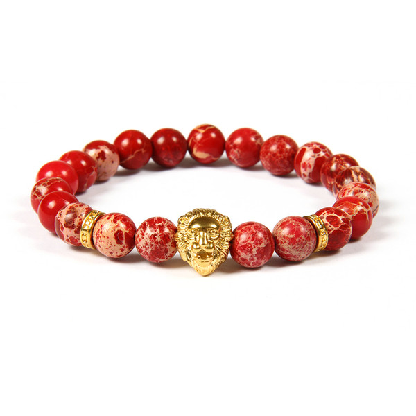 New Design Stainless Steel Jewelry Wholesale 10pcs/lot 8mm Red Seadiment Imperial Stone With Stainless Steel Lion Head Beaded Bracelet