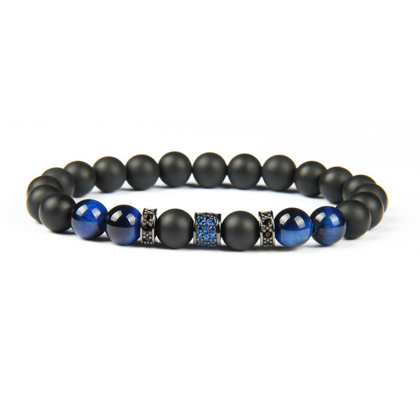 New Green & Blue Cz Beaded Luxury Men Bracelets Wholesale 10pcs/lot With Natural Tiger Eye And Matte Onyx Stone For Gift