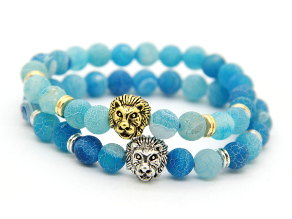 2016 Mens Jewelry Wholesale 8mm Sky Blue Weathering Agate Stone Antique Silver&Real Gold Plated Lion Head Bracelets