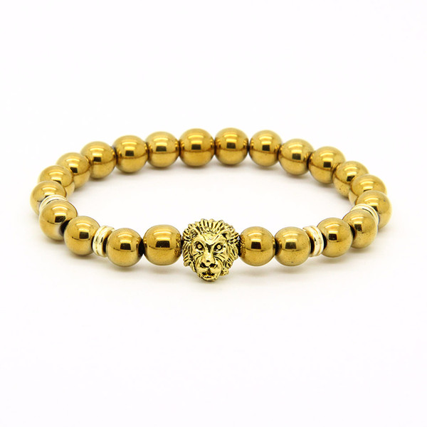 New Men's Bracelets Wholesale 10pcs/lot 8mm Hematite & Scrubs Openings Laugh Stone With Gold Color Lion Head Bracelet