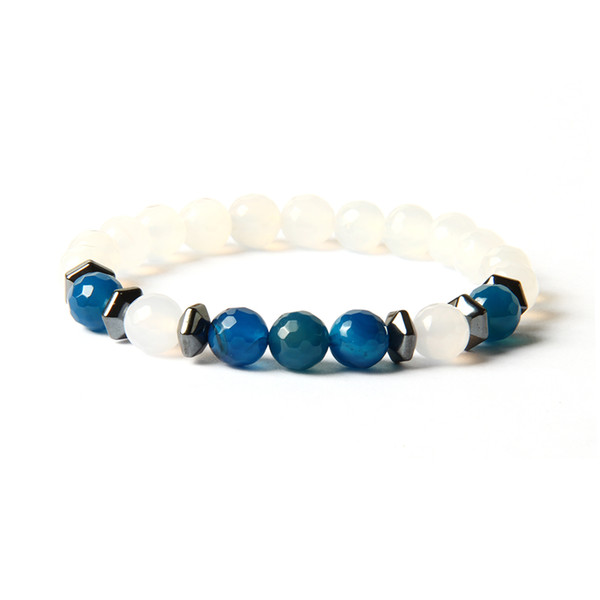 New Design Jewelry Wholesale 10pcs/lot 8mm Natural Faceted White And Blue Onyx Stone Beaded Energy Bracelet For men