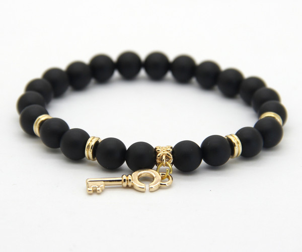 Wholesale 8mm Real Matte Onyx Stone Beads with Key pendant Gold Bracelets, New Arrival Stone Jewelry for Party Gift