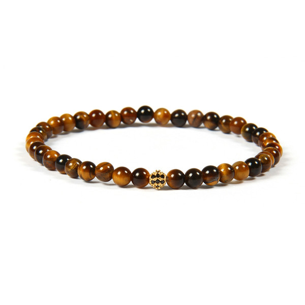 Wholesale 10pcs/lot New Arrival 4mm Tiger Eye Stone Beads With Micro Paved Black cz Ball Beaded Bracelet For Gift