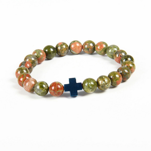 New Design Bracelet Wholesale 10pcs/lot 8mm Best Quality Unakite Stone Beads with Hematite Royal Cross Jesus Bracelets