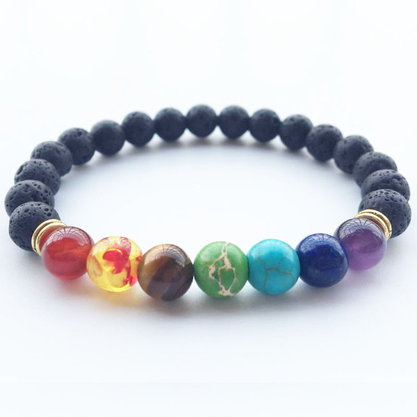 Hot Natural Black Lava Stone Bracelets energy 7 Reiki Chakra Healing Balance 8mm colorful beads Bracelet for Men Women Stretch Yoga Jewelry