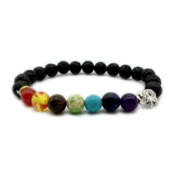 Seven Chakras Elephant Charms 8mm Black Lava Stone Bracelets Aromatherapy Essential Oil Diffuser Bracelet Bangle Energy Yoga Jewelry