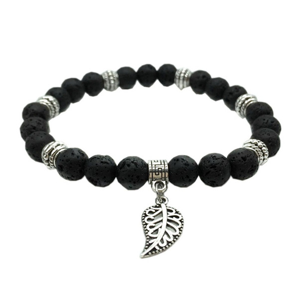 Silver Leaf Charms Black Lava Stone Bracelets Aromatherapy Essential Oil Diffuser Bracelet Bangle Energy Yoga Jewelry