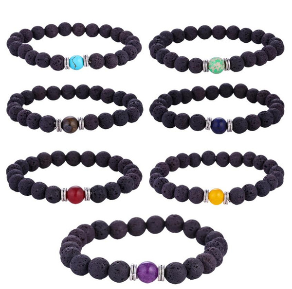 Hot 7 Chakras Natural Black Lava Stone Bracelets DIY Aromatherapy Essential Oil Diffuser Bracelet for Men Women Energy Yoga Jewelry