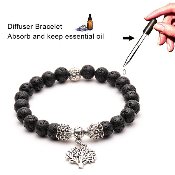 New Tree of Life Natural Black Lava Stone Bracelets DIY Aromatherapy Essential Oil Diffuser Bracelet for Men Women Energy Yoga Jewelry