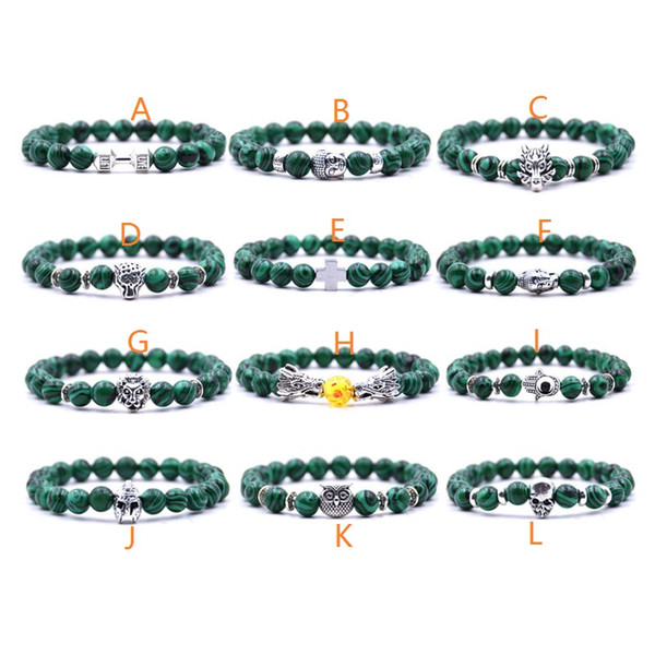 8MM Malachite Stone Bracelets Owl cross Natual Stone Beads Bracelet Energy Prayer Yoga Women Men Strand Jewelry