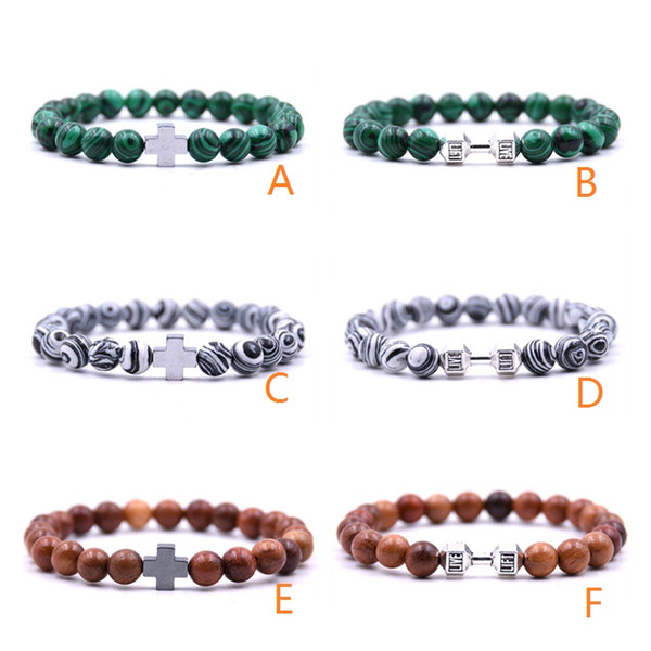 8MM Malachite Stone Bracelets Cross Dumbbell Redwood Stone Beads Bracelet Energy Prayer Yoga Women Men Strand Jewelry