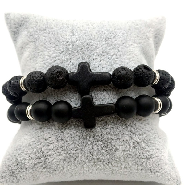 Cross 8MM Black Matted & Lava Stone Bracelets Aromatherapy Essential Oil Diffuser Bracelet Bangle Energy Prayer Yoga Jewelry