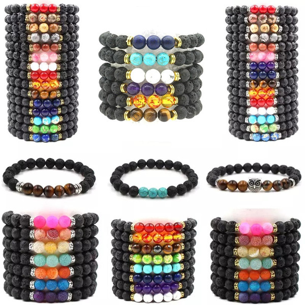 Chakras Natural Black Lava Stone Bracelets Aromatherapy Essential Oil Diffuser Bracelet for Men Women Prayer Yoga Jewelry