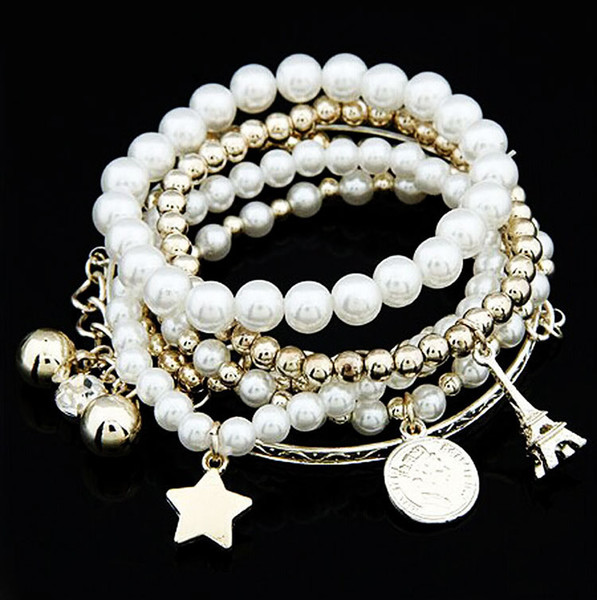 Multi Element Bracelets Eiffel Tower Pearl Retro Bracelet Coin 6 pcs Ornaments Multi Layer Elastic Bangle Women Jewelry Beaded Strands