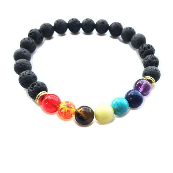 Men Women Natural Black Lava Stone Beads Bracelets 7 Reiki Chakra Healing Balance Beads Bracelet Fashion Stretch Yoga Jewelry