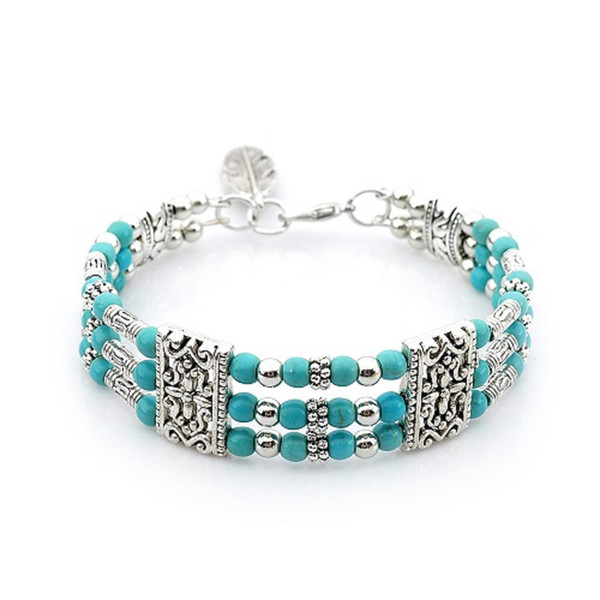 Three Layer Classic Turquoise Stone Charms Bracelets Bohemian Style Howlite Feather Pendant Bracelet Bangles For Women Jewelry