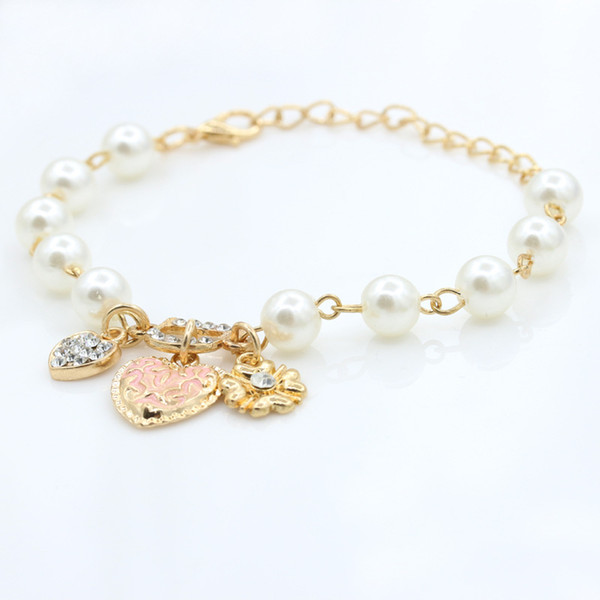 Fashion Hot Style Hearts Flower Bracelets Alloy D Letters Pearl Bracelet Wholesale Gold Women Jewelry Bangle For Party Gift New 2017