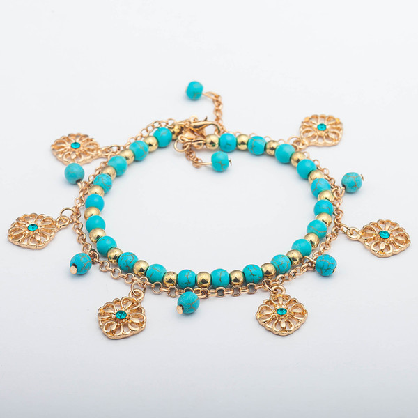 Turquoise Bracelets Bangle Fashion Retro Two Piece Sets Alloy Bracelet Hollow Flower Pendants Jewelry Beaded Strands New 2017