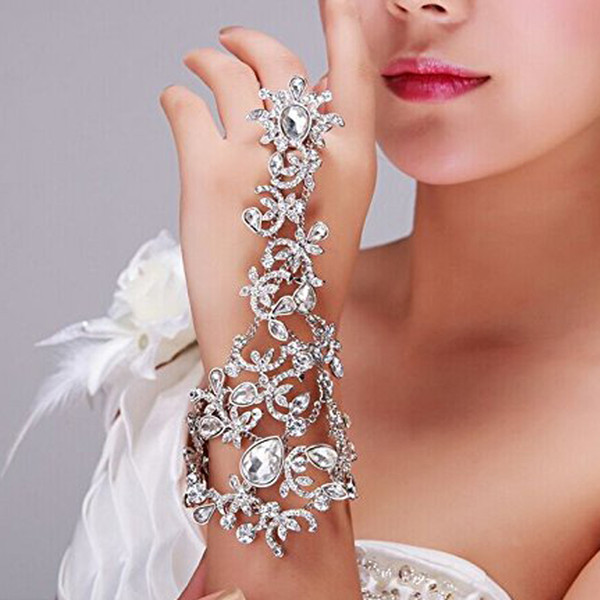 Women Fashion Crystal Rhinestone Bracelet Arm Chain Wedding Bridal Glove Hand Chain Jewelry Luxury Bride Wrist Bracelets