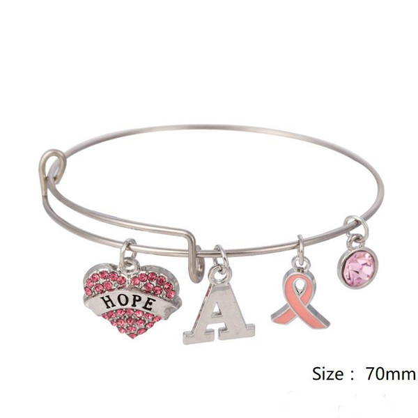 Fashion Stainless Steel DIY Charms Bracelet Diameter 70mm Pink Crystal Heart Letter A Ribbon Pendant Bangle Wristbands