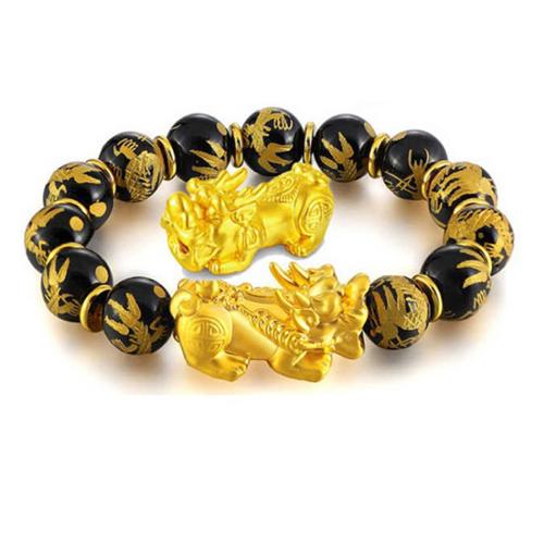 Apricot Fu Beads Bracelet Gold Color Pi Xiu Transfer Buddha Bead Natural Black Onyx Jewelry