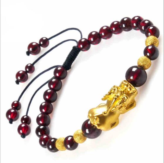 Fashion 3D gold pixiu bracelet red garnet beads luck bracelet for woman and man jewelry