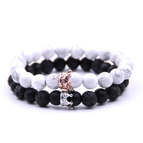 Crystal Crown Natural Stone Lave Rock White howlite Bracelet Beads Fashion Jewelry for Women Men Will and Sandy Drop Ship 320165