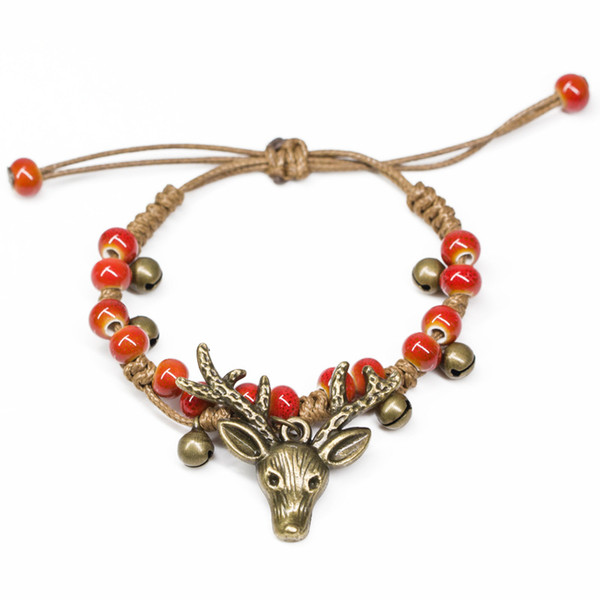 Girl Child Walk Forest Handmade bracelet China Ceramic Bead Vintage Bronze Elk Deer Pendant Weave Rope Bracelet Women Ethnic Jewelry hot