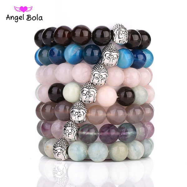 Wholesale 5 pcs/lot Men's Beaded Buddha Bracelet, gray Agate , Black Onyx, blue Dragon Veins Agate.powder Agate Semi Precious stone Jewelr