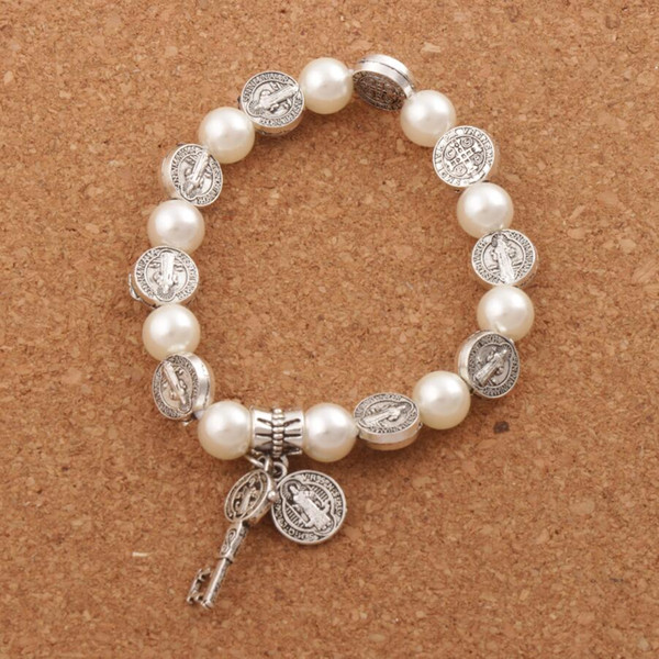 Hot Saint Benedict Pearl Beaded Bracelet Strands Antique Silver/Gold/Bronze Religious Patron Stretch Bracelets BB78