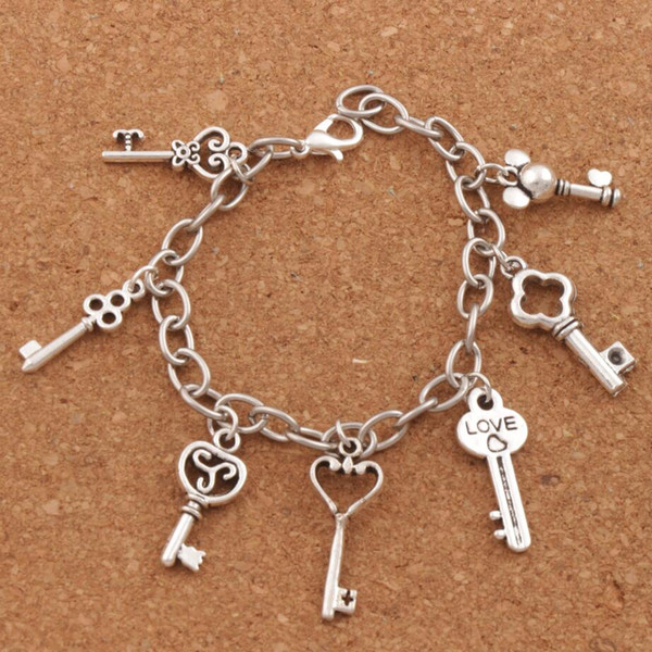 Antique Silver Love Heart Key Charm Bracelets Stainless Steel Chains Bracelet 7