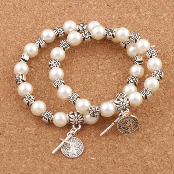 Pearl Beaded Saint Benedict Evil Protection Medal Cross Charm Spring Bracelets BB70 6.5